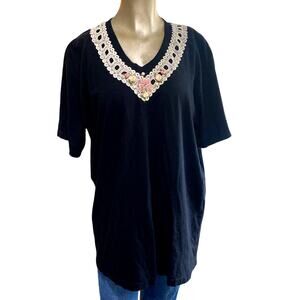 Starlet Vintage 90s Lace Floral Ribbon Trim V-Neck T-Shirt Black One Size USA